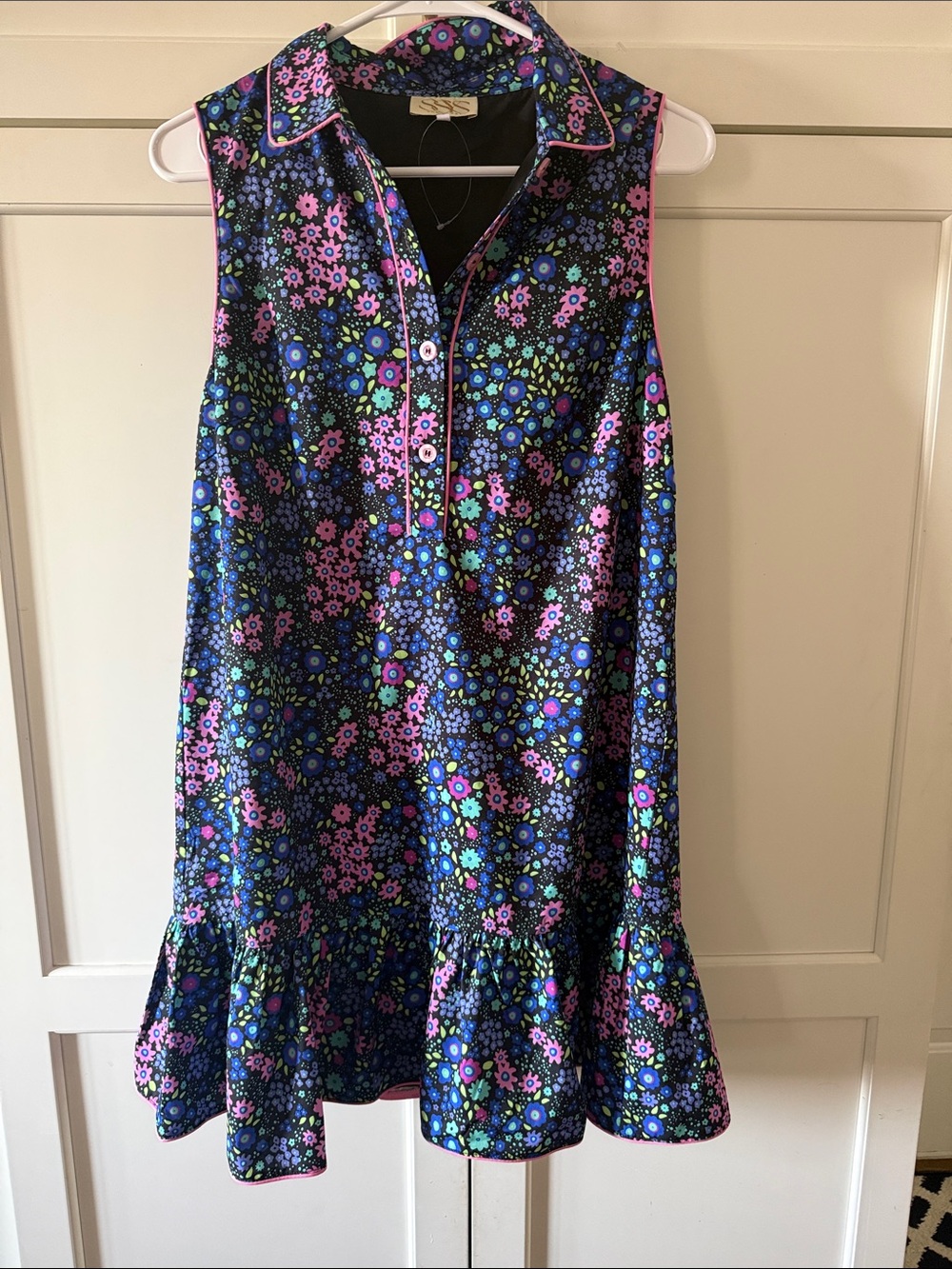 Navy Floral Sleeveless Ruffle-Hem Casual Dress